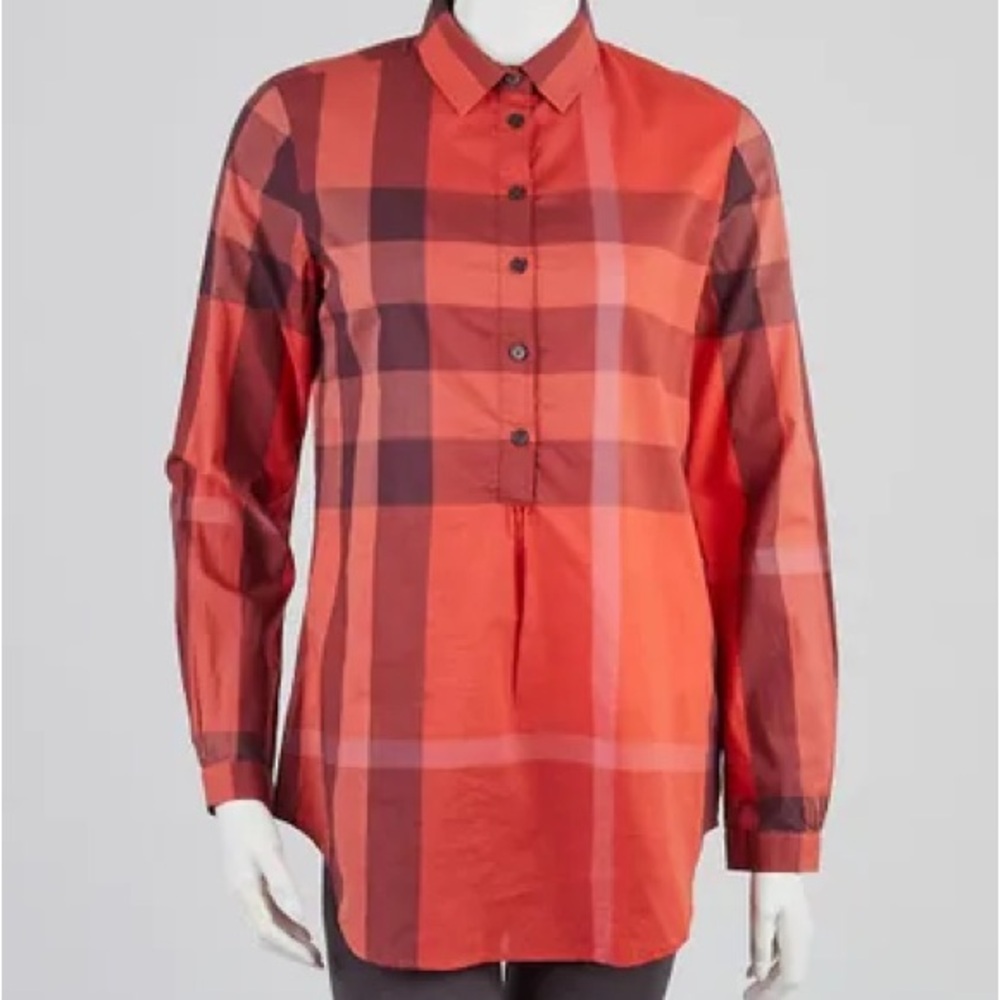 Authentic BURBERRY Brit Orange Red Check Cotton Tunic Shirt Size XS